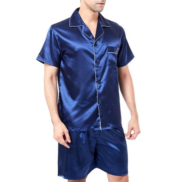 mens blue short sleeve satin pajamas