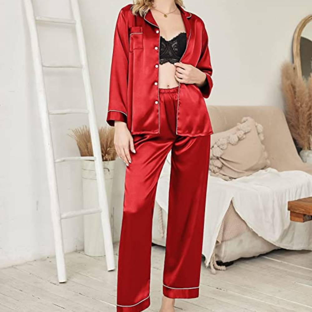 buy winter womens pyjamas satin silk red